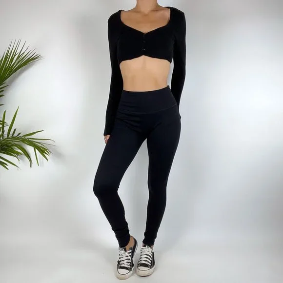 Vintage Y2K High Waisted Ribbed Black Leggings / Size: Small - Picture 3 of 3